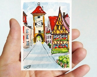 Rothenburg Germany Watercolor Painting: ACEO Original Art (2.5x3.5")