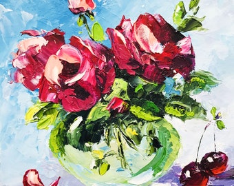 Impasto Oil Painting Red Rose: Small Floral Still Life Original Art, 6x6"