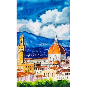 Florence Art Italië Toscane schilderij, kathedraal van Santa Maria del Fiore stadsgezicht aquarel 8 x 5&quot; door ColormagicArt