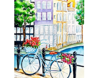 Amsterdam Painting Original Watercolor Cityscape: Netherlands Art 8x12"