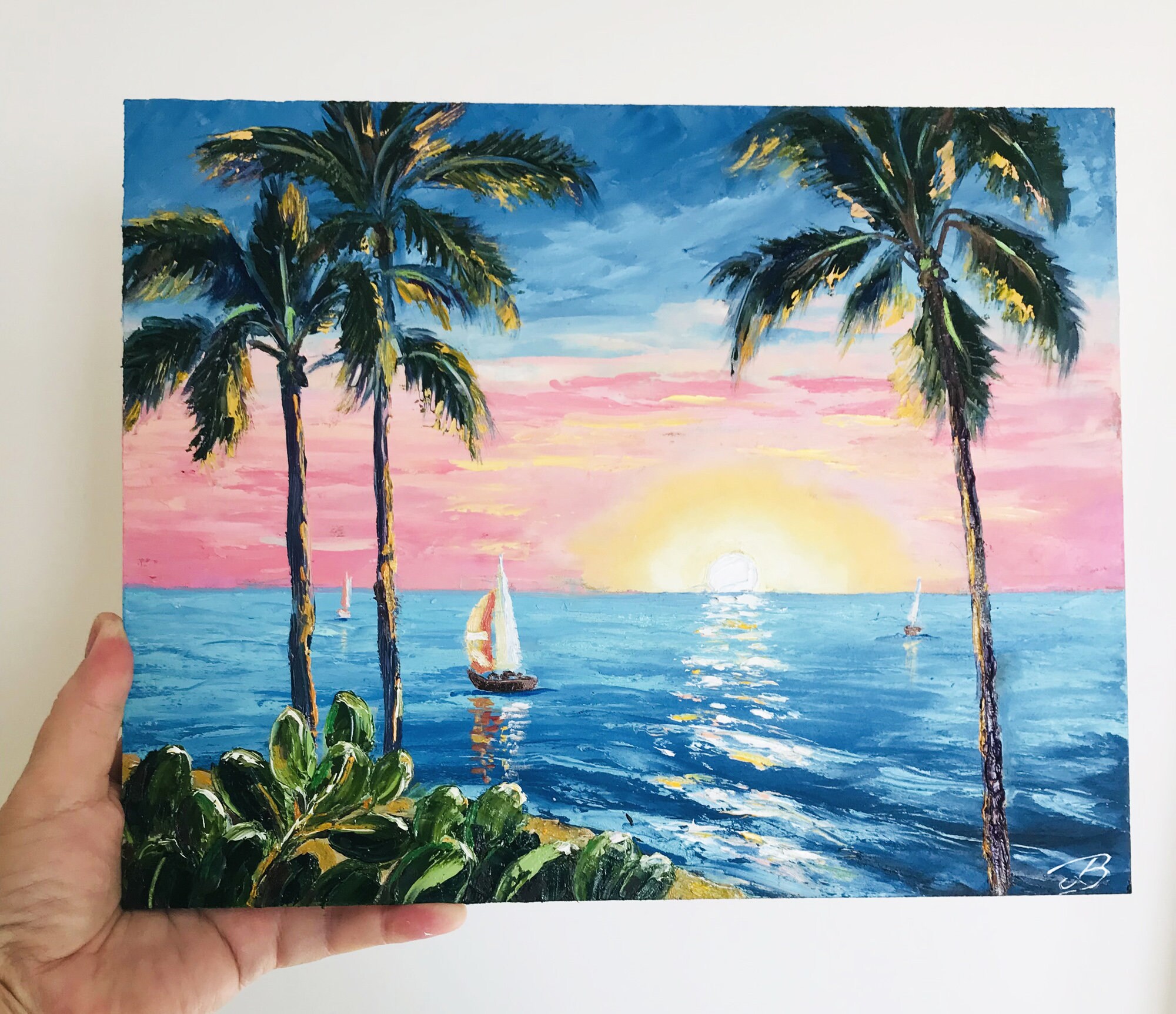 ハワイ　風景画　　（原画） Hawaiian Tropical landscape Original Oil Painting Sunset