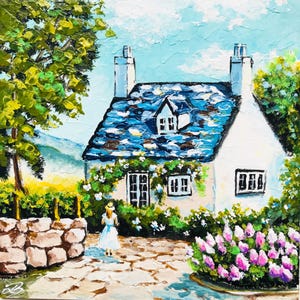 Irish Cottage Painting House Portrait: Original Impasto Art, Cozy Room Decor (8x8")