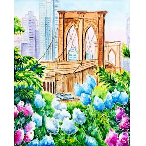 New York Painting Brooklyn Bridge City Original Watercolor Art US Cityscape Painting NYC wall art  Travel Art, New York City Gifts