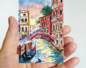 Art original ACEO, aquarelle Italie, peinture Venise, art original, Italie, cadeau paysage urbain, petite oeuvre d&#39;art de 2,5 x 3,5 po. par ColormagicArt