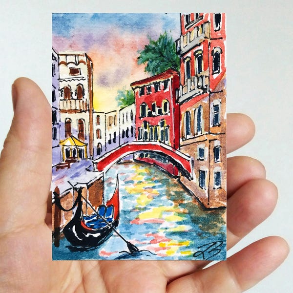 ACEO Arte Original Italia Pintura Acuarela: Paisaje Urbano de Venecia Coleccionable