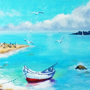 The main photo of the painting "Boat" "depicts a beautiful seascape with a boat in the foreground. The sea is calm and calm, seagulls fly, fishing nets dry.