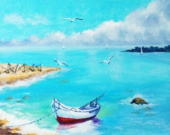 Boat Painting Seascape Wall Art Oil Original Art Small Oil Painting Original Sea Made To Order Personalised Gifts 12 x 8"