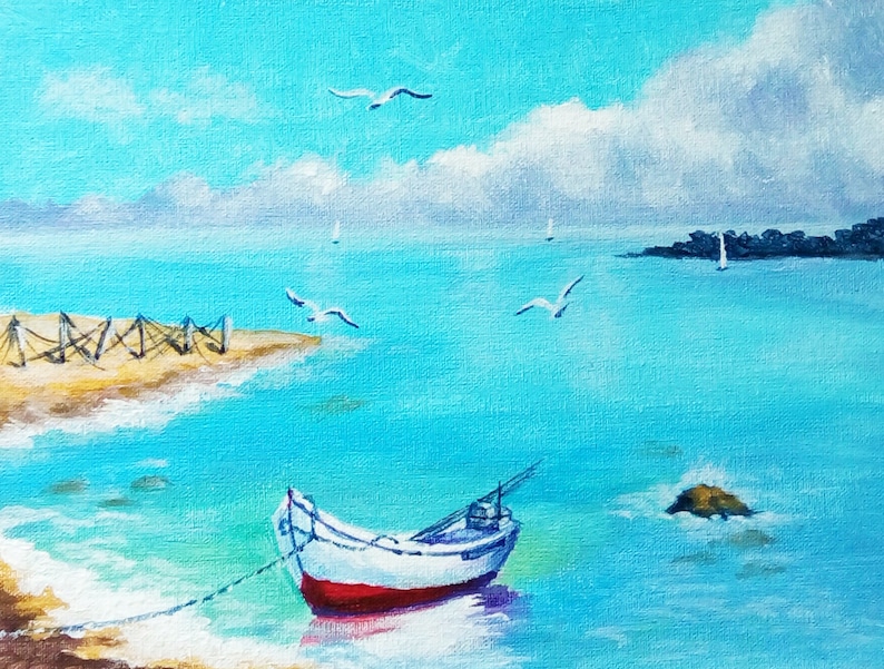 The main photo of the painting "Boat" "depicts a beautiful seascape with a boat in the foreground. The sea is calm and calm, seagulls fly, fishing nets dry.