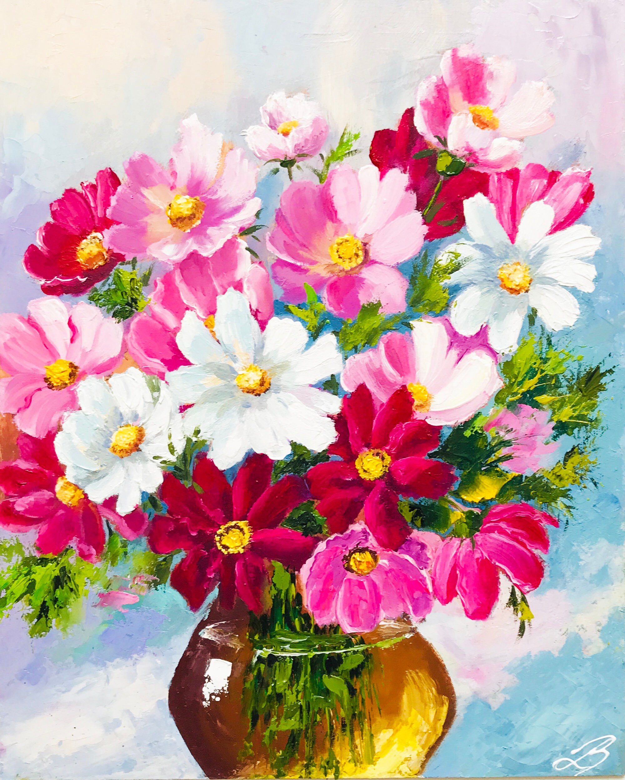 Cosmos Flower Vase Impasto Painting: Pink Floral Still Life Art