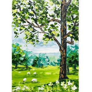 Original Irish Impasto Oil Painting: Sheep Meadow Landscape, Tiny Home Decor (7x5 in.)