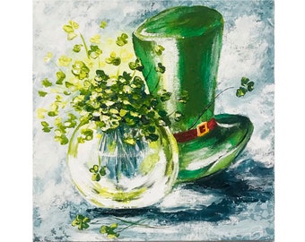 Peinture d'art de la Saint Patrick, symbole irlandais, trèfle à quatre feuilles, décoration de la Saint Patrick, chapeau vert, peinture originale
