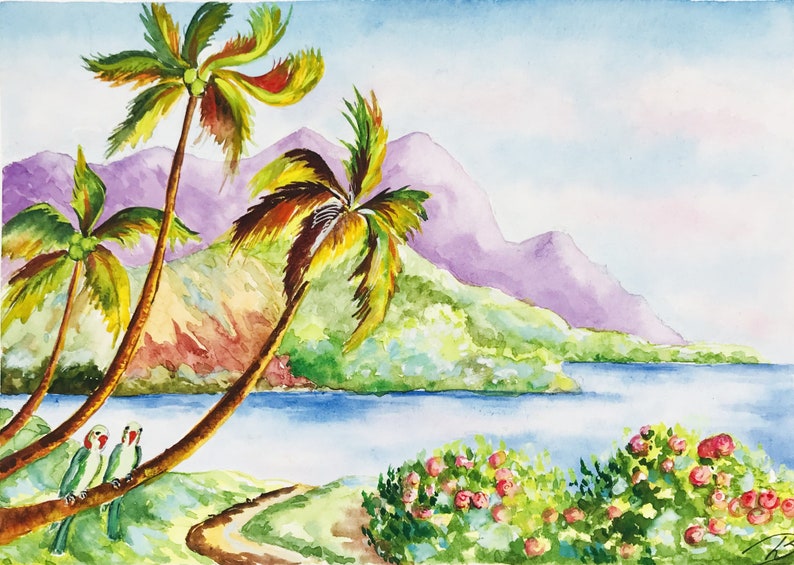 A watercolor "Hawaii - Kauai" framed with a passe-partout is a beautiful home decor for your interior. Also this wall decor can be a wonderful gift for those who have Hawaii - these are pleasant memories of a summer vacation on the islands.