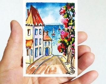 Original ACEO Watercolor Seascape Painting: Mediterranean Italy Art