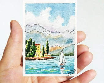 ACEO Original Watercolor Montenegro Painting: Mediterranean Seascape Art