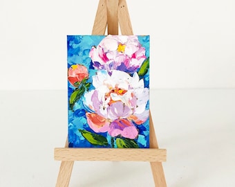 ACEO Original Art Oil Painting, Peony painting Flower Art Small Artwork 3.5 by 2.5" Impasto, Gift for collectors