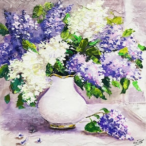 Lilac Painting Flower Book Shelf Decor Abstract Impasto Small Purple Wall Art, Original Home Cottage Core Decor Gift Girl Friend