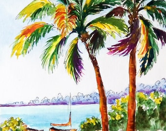 Hawaii Beach Seascape Watercolor Painting: Original Palm Tree Art