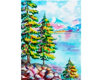 Lake Tahoe Original Art Pine Tree Art California Wall Art Mountain Watercolor Painting, Personalised Gift 12 x 8"