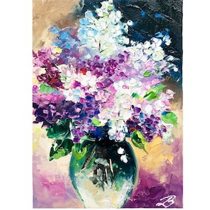 Lilac Painting Flowers Oil Abstract Impasto Small Purple Wall Art, Wall Decor Designer Coffee Table Decor Original Home Gift Girlfriend