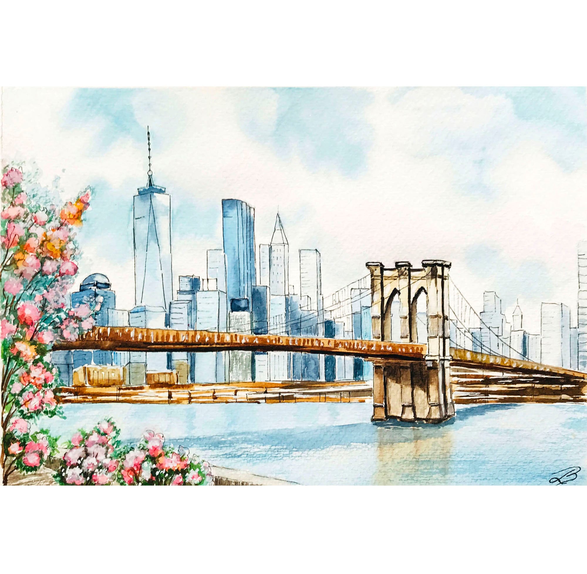 New York City Brooklyn Bridge Painting Original Watercolor