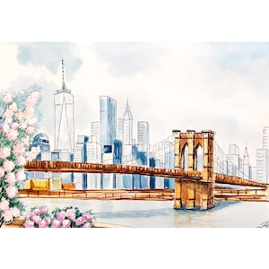 New York City Brooklyn Bridge Painting Original Watercolor Art  NYC wall art US Cityscape Painting Travel Art, New York City Gifts