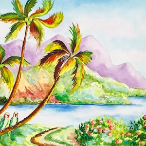 The painting depicts a beautiful piece of Hawaiian nature. These are the sea and mountains, palm trees and green parrots.