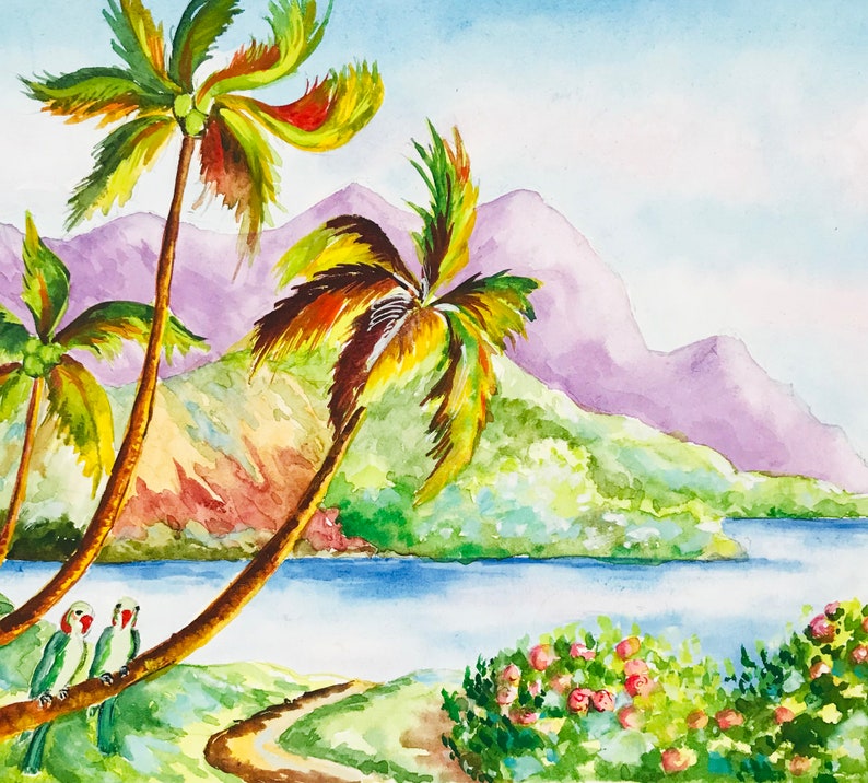 The painting depicts a beautiful piece of Hawaiian nature. These are the sea and mountains, palm trees and green parrots.