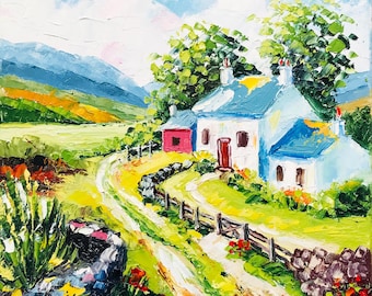 Irish Art Cottage Oil Painting Original: Impasto Ireland Landscape, Cozy Room Decor 8x8"