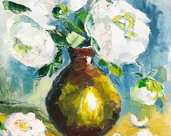 Impasto Oil Painting White Peony — Floral Still Life Original Art 6x6"