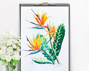Oiseau de paradis Art 8 x 12" aquarelle fleurs colorées, plante tropicale d'Hawaï originale Art Strelitzia cadeau personnalisé pour maman