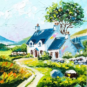Irish Painting House Portrait Ireland Art House Oil Painting Irish Cottage Cozy Room Decor, Landscape Impasto Painting Desk Decoration