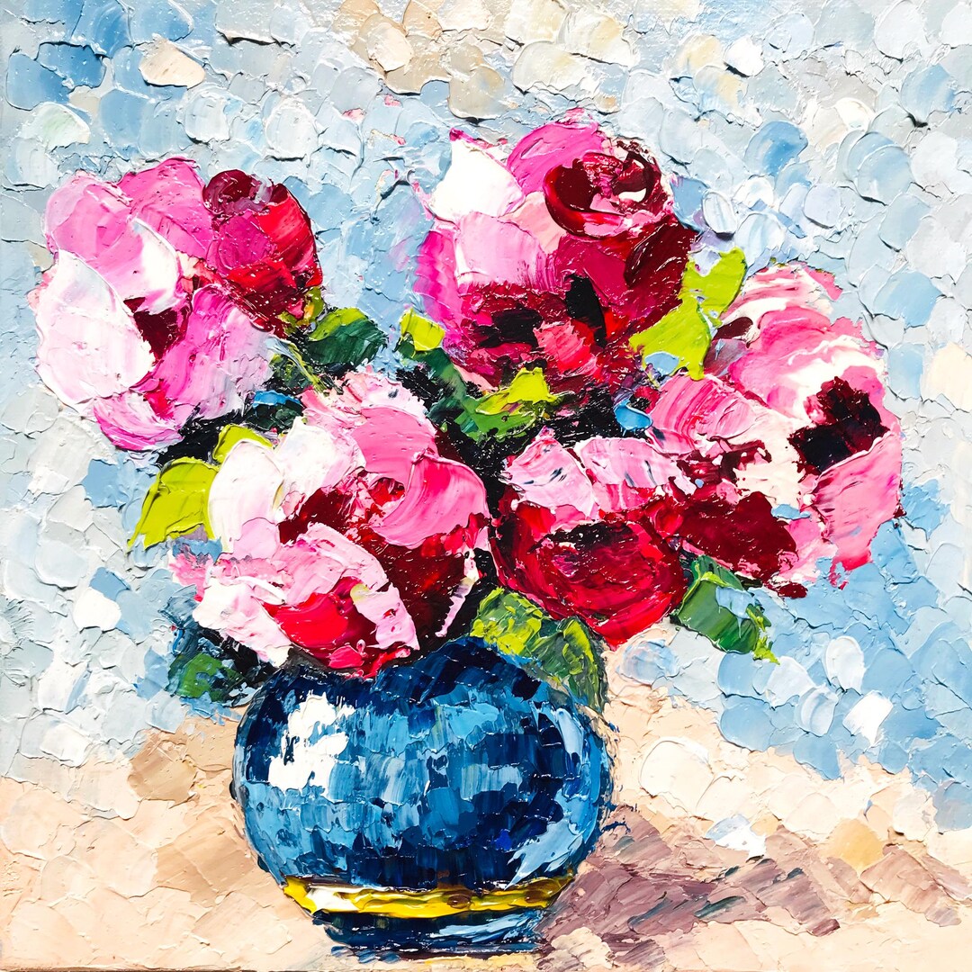 Pink Peony Oil Painting Original: Impasto Floral in Vase Artwork 8x8 ...