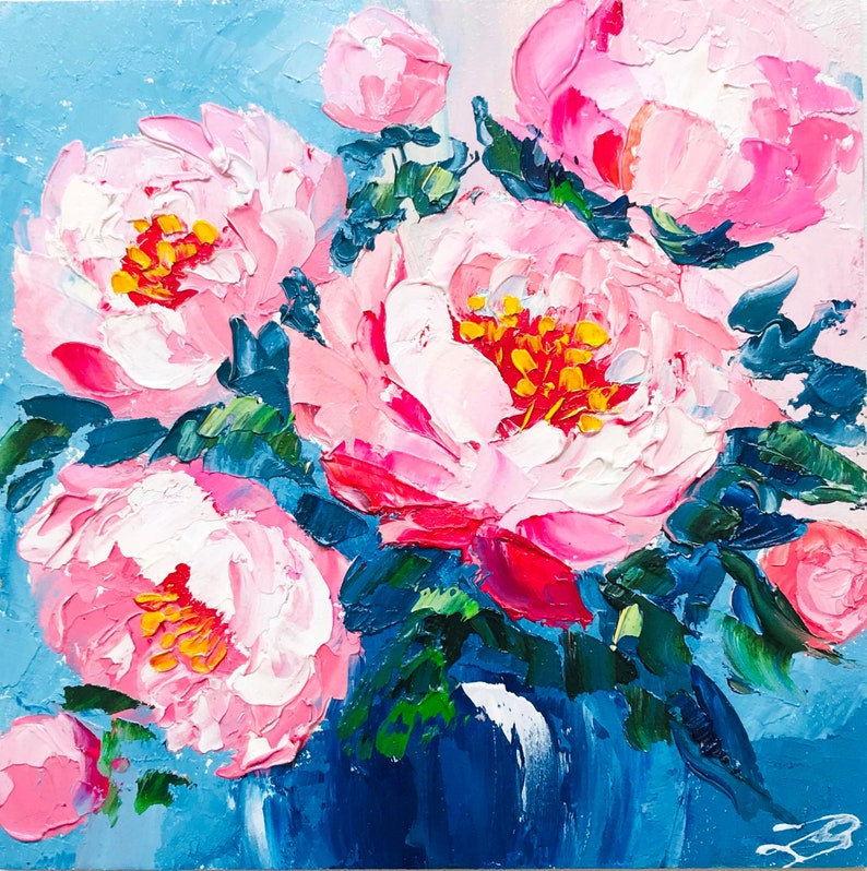 Original Pink Peony Oil Painting: Impasto Floral Artwork 6x6" - Etsy