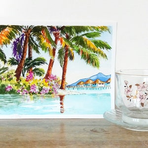 May include: Watercolor painting of a tropical island scene with palm trees, flowers, and a beach with overwater bungalows. The sky is blue and the water is turquoise.