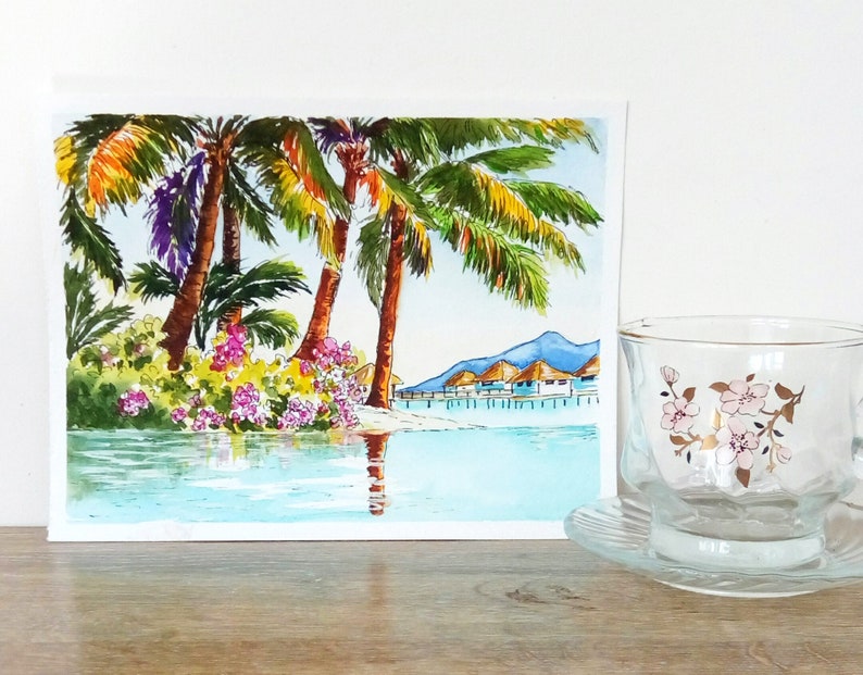 May include: Watercolor painting of a tropical island scene with palm trees, flowers, and a beach with overwater bungalows. The sky is blue and the water is turquoise.