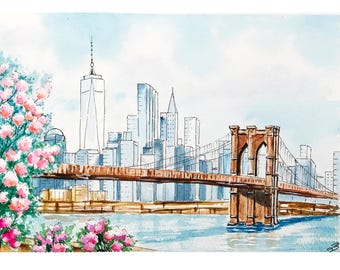 Brooklyn Bridge New York City Watercolor Painting: Original NYC Cityscape Art, Travel Art