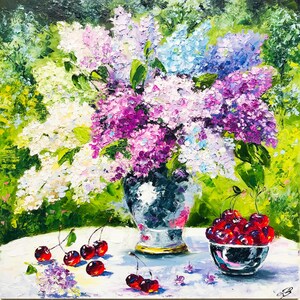 Lilac Painting Flowers 12 x 12&quot; Oil Abstract Impasto Purple Wall Art, Wall Decor Original Gift Girlfriend, House Warming Gift Mantle Decor