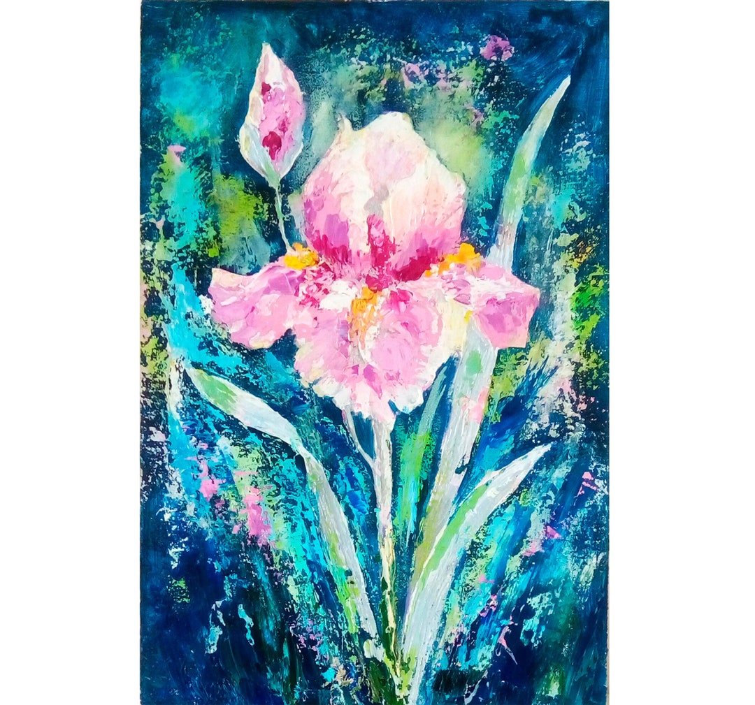 Pink Iris Oil Painting: Original Impasto Artwork Flower Art ...