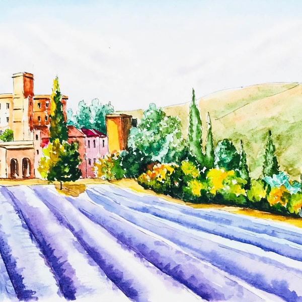 Plante de lavande, peinture Provence, aquarelle, lavande, champ, peinture, château, paysage original, art, fait sur commande