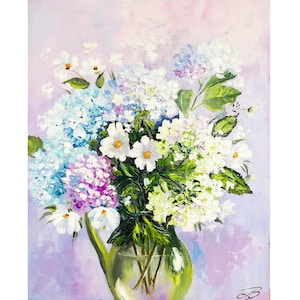 Impasto Hydrangea Oil Painting: Still Life Floral Art, Shelf Decor