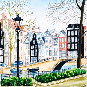 Peinture originale à l'aquarelle représentant une vue d'Amsterdam : Pays-Bas, décoration 12x12