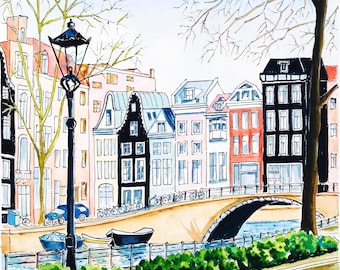 Amsterdam Painting Original Watercolor Cityscape Art: Netherlands Decor 12x12
