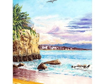 Beach Painting Portugal: Cascais Seascape, Oil Impasto Ocean Art 16x12"