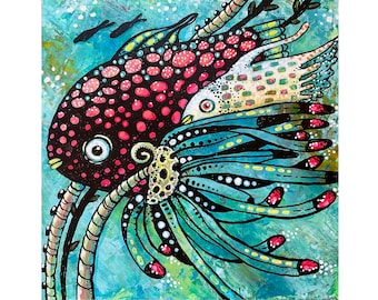 Original Fish Acrylic Painting Under The Sea Wall Art, size 8x8"