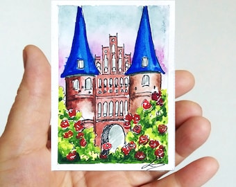 ACEO Original Watercolor: Holstein Gate, Lübeck Germany Miniature Art (2.5x3.5")