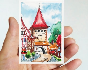 Art original Allemagne ACEO peinture paysage urbain Gegenbach ACEO aquarelle originale petite oeuvre d&#39;art 2,5 x 3,5&quot; peinture miniature par ColormagicArt