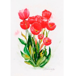 Tulips Watercolor Flowers Handmade gift, Original Art Tulip Painting Colorful Watercolor Floral Design, Best holiday gifts
