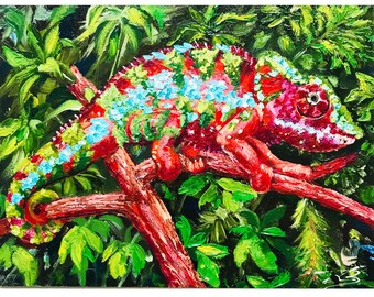 Lizard Reptile Decor, Chameleon Art — Аnimal Impasto Oil Painting Wall Art Oiginal 7х9