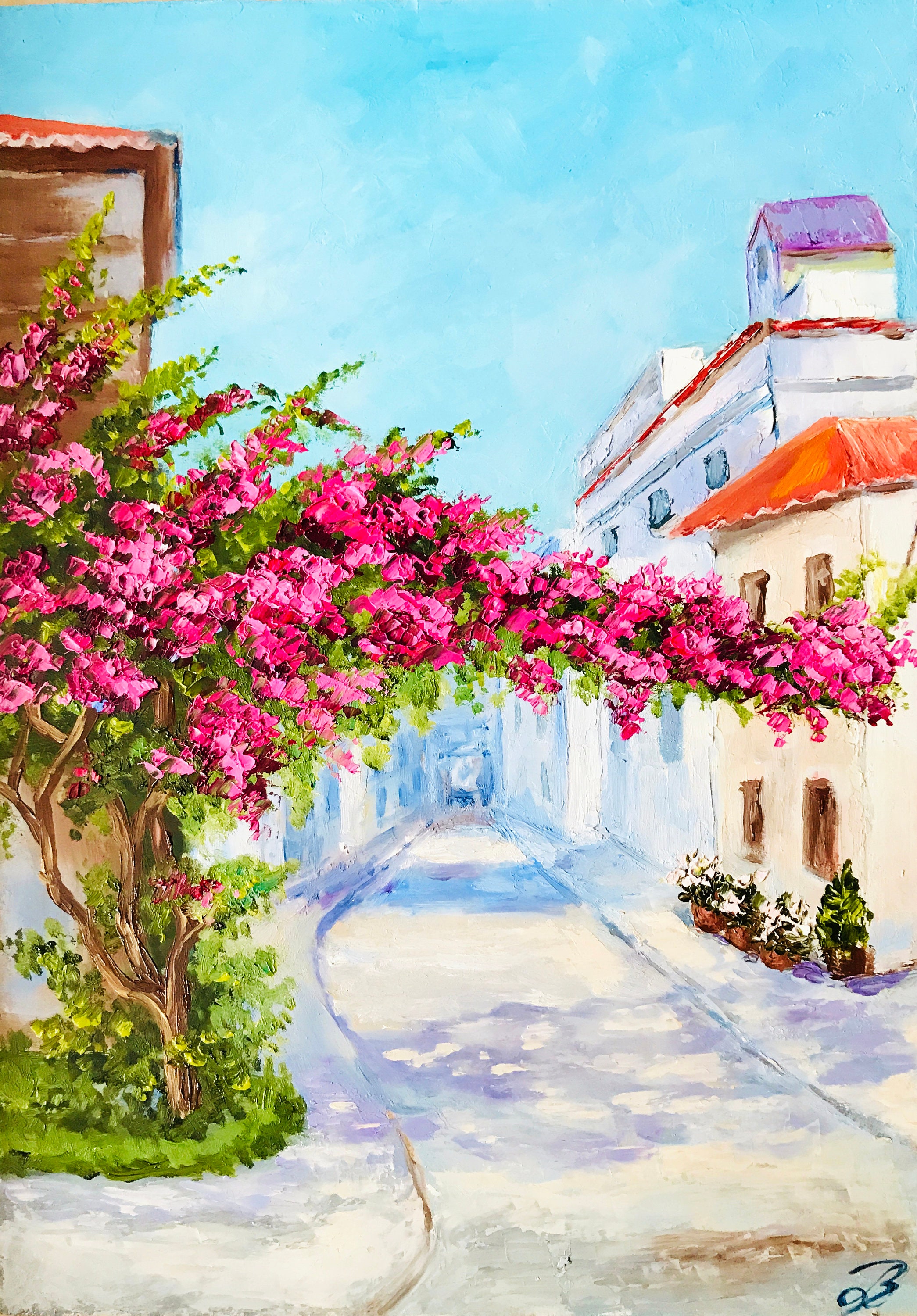 Italy Painting Bougainvillea Plant Cityscape Oil Impasto Painting