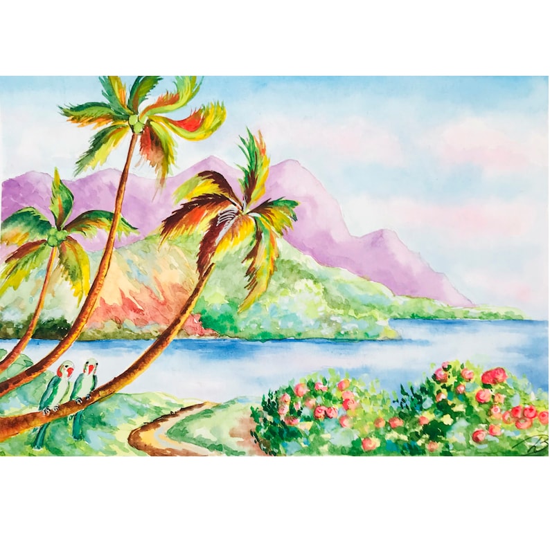 Original watercolor painting. This is a Hawaiian seascape. The beautiful coastline of the Hawaiian Islands, these are picturesque mountains, palm trees and green parrots that live here.